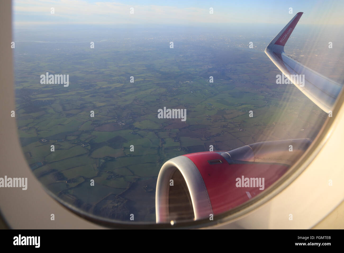 View from plane window, after take off from Luton airport, in Bedfordshire, England, UK Stock Photo