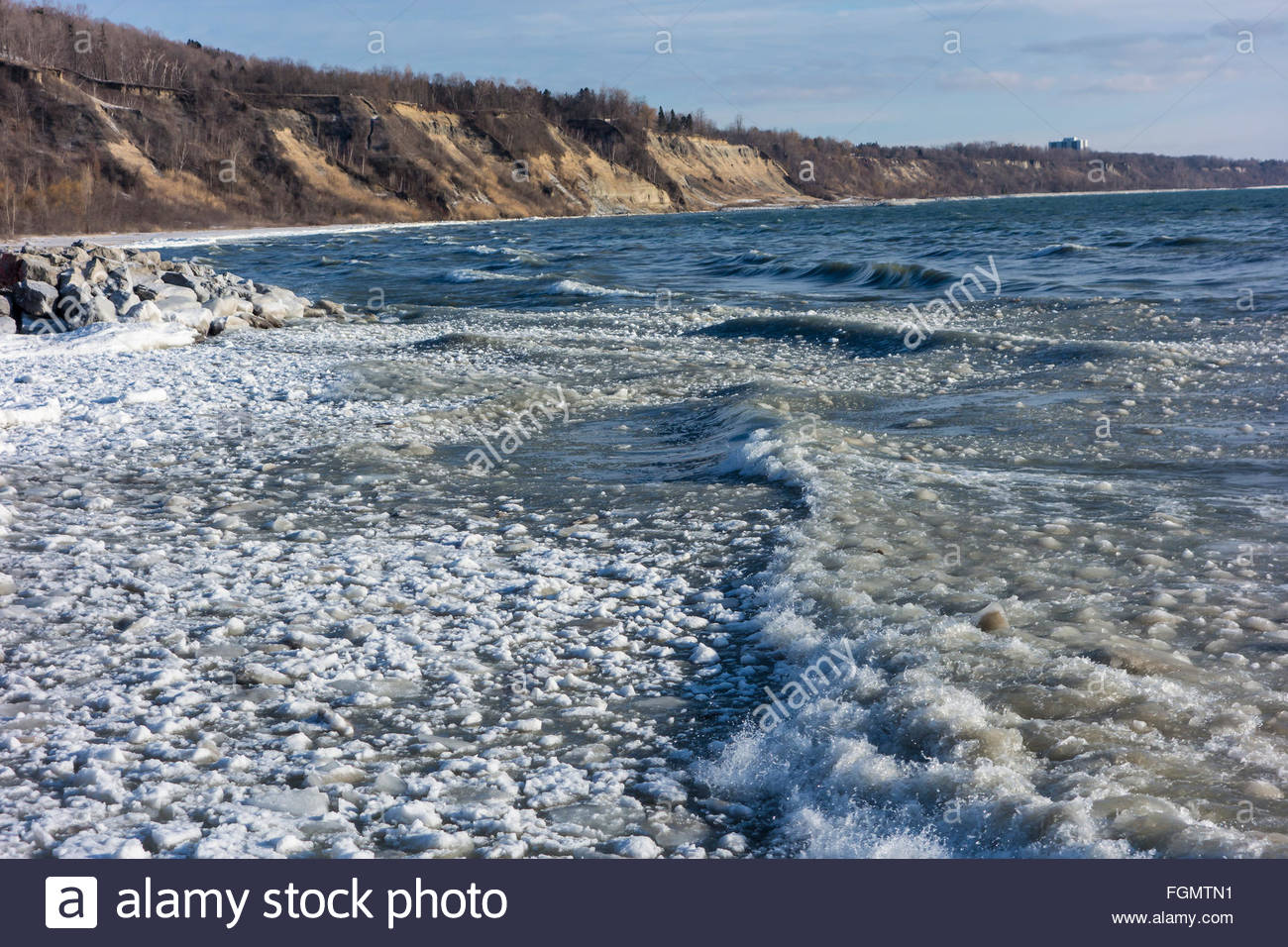 Ice forming in winter on Lake Ontario in Bluffer's park ...