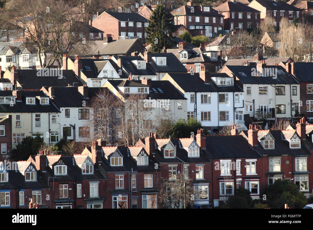 Hillside terraced housing in Sheffield, Yorkshire UK Stock Photo