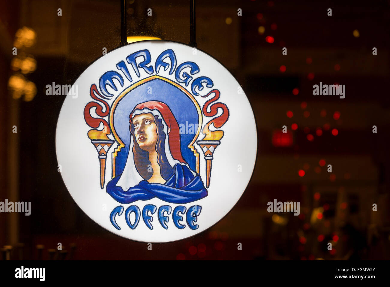 Coffee shop sign in downtown Victoria at dawnVictoria, British