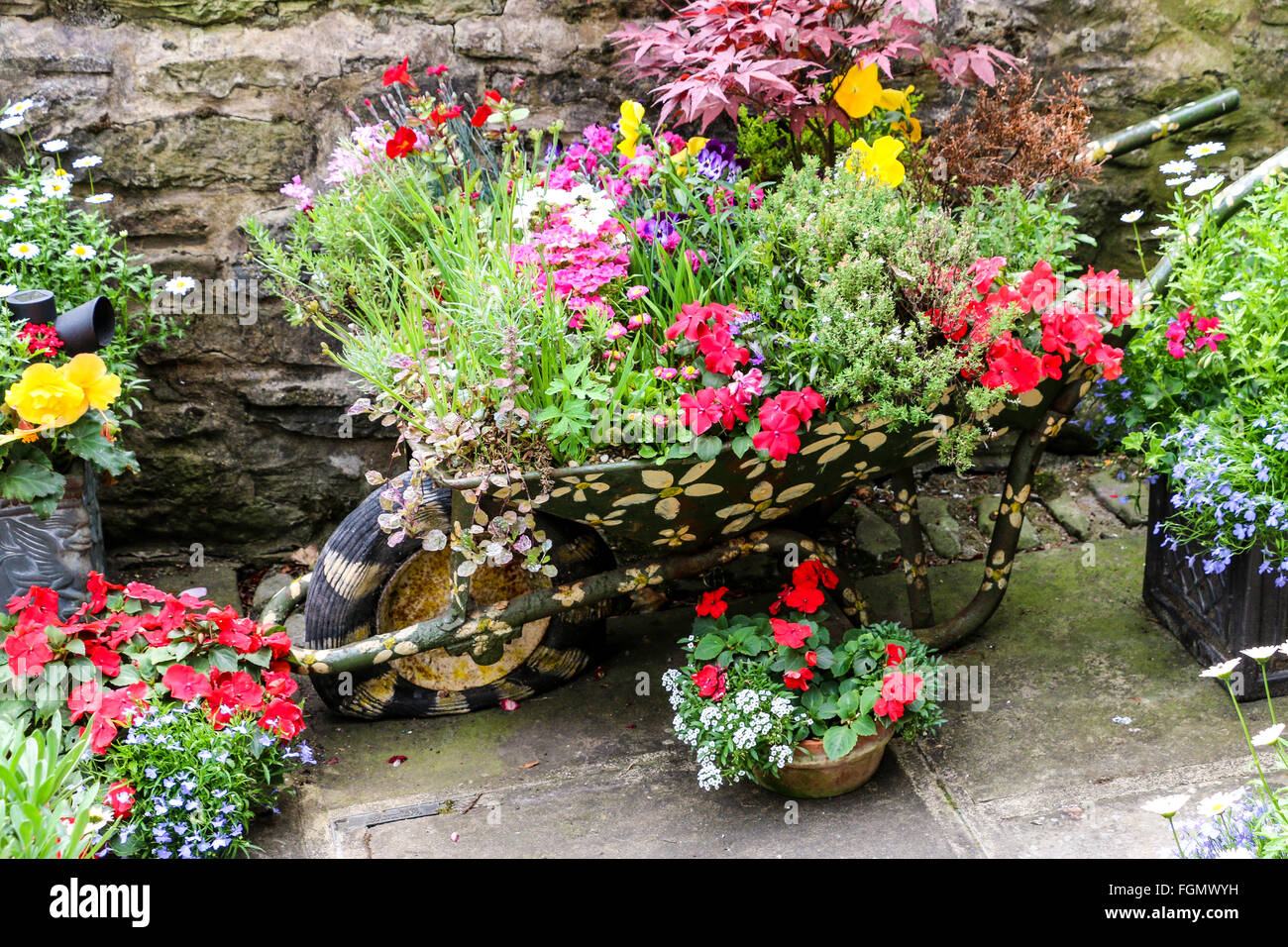 Wheelbarrow filled with flowers, Grassington, Yorkshire Dales, England
