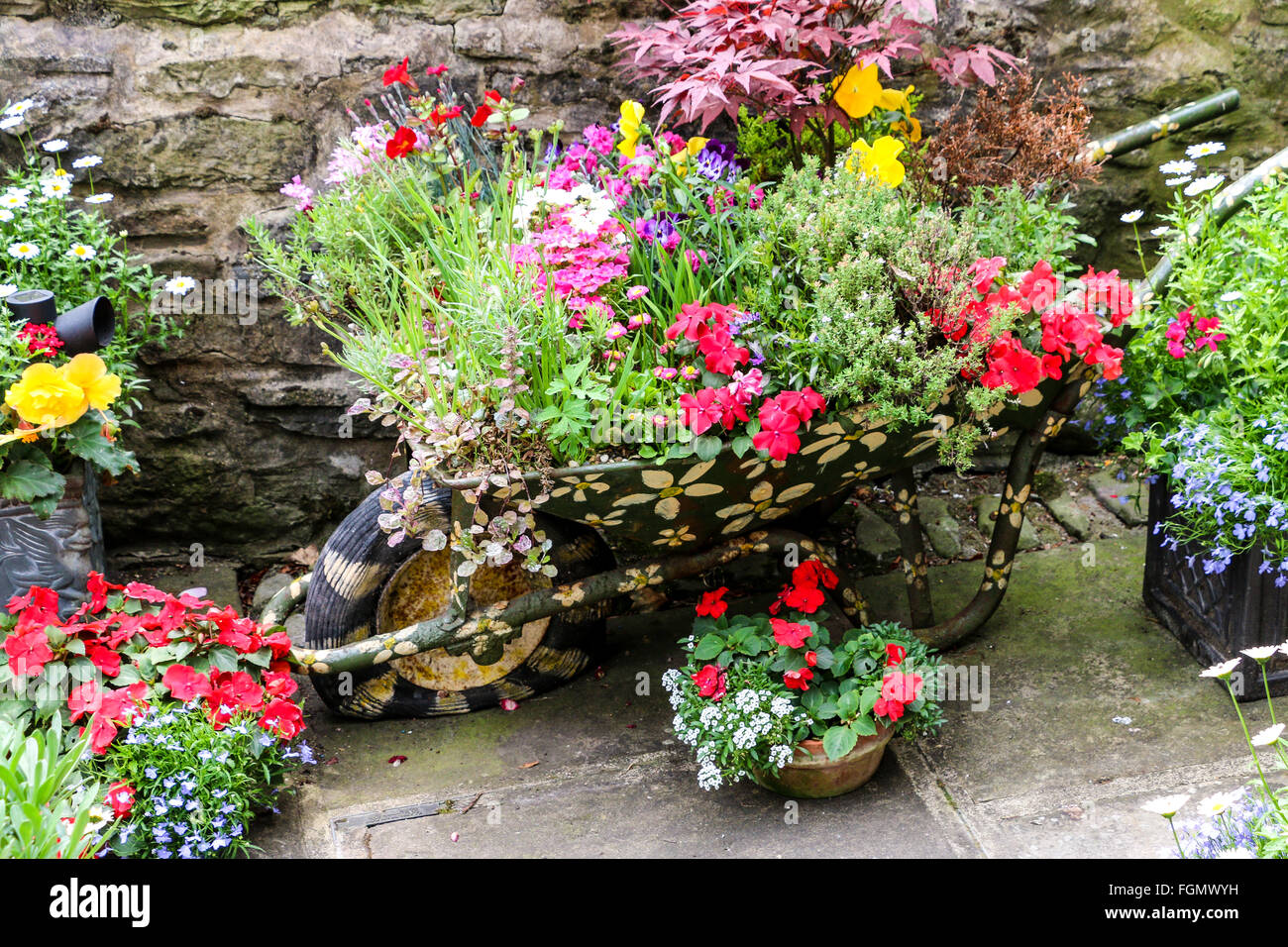 Wheelbarrow filled with flowers, Grassington, Yorkshire Dales, England Stock Photo