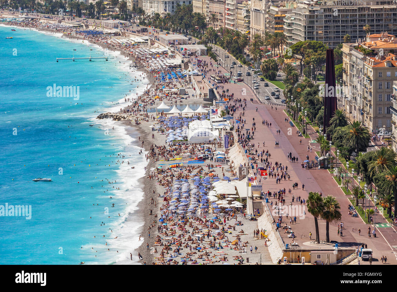 View from above on beach and promenade in Nice, France. Stock Photo