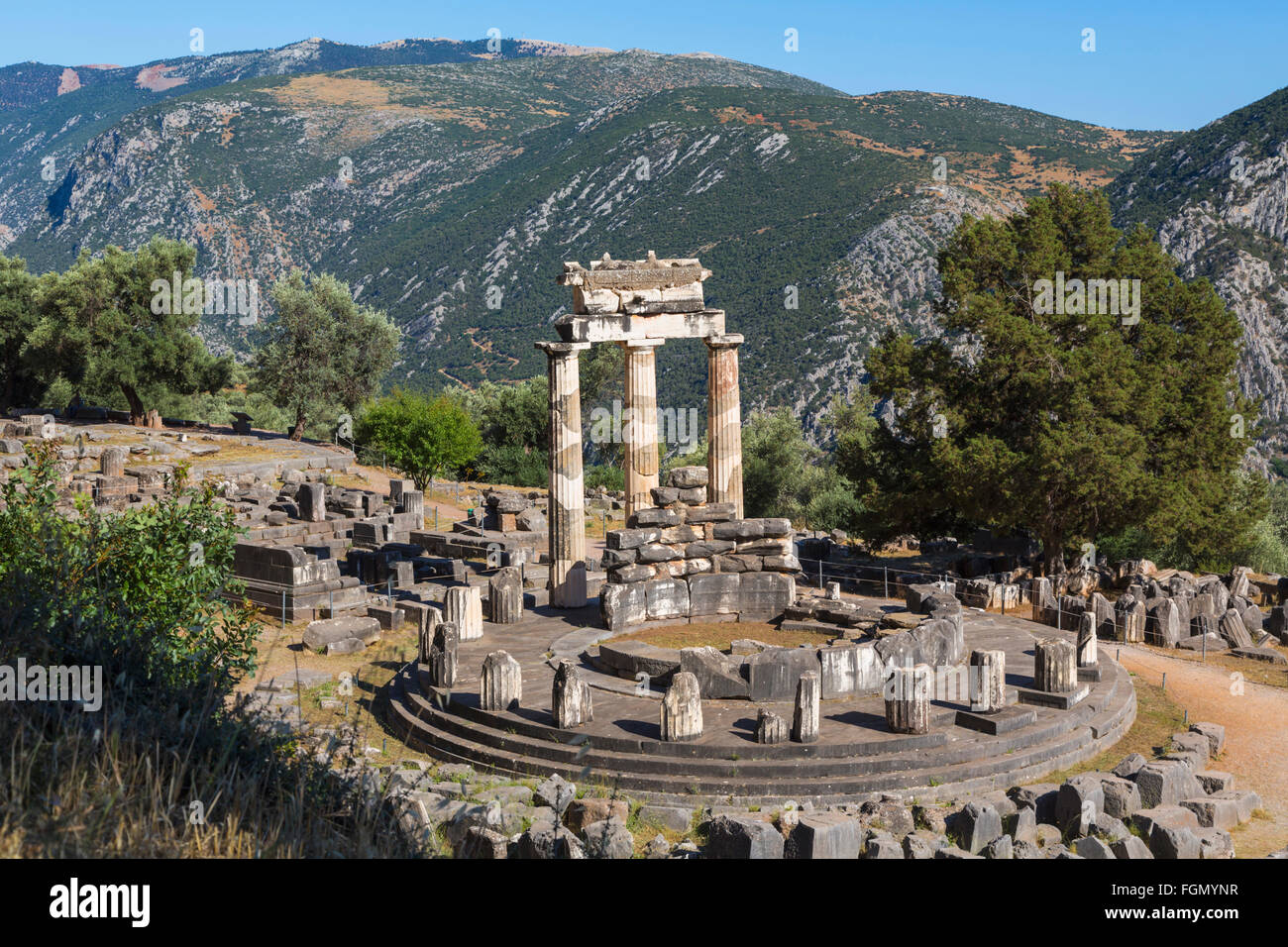 Delphi, Phocis, Greece.  The tholos, dating from around 380-360 BC, beside the Sanctuary of Athena Pronaia. Stock Photo