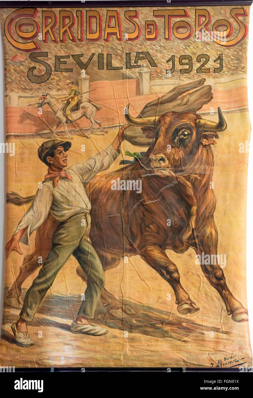 Hacienda Torralba-old bullfighting poster, Chucena, Huelva province, Region of Andalusia, Spain, Europe Stock Photo