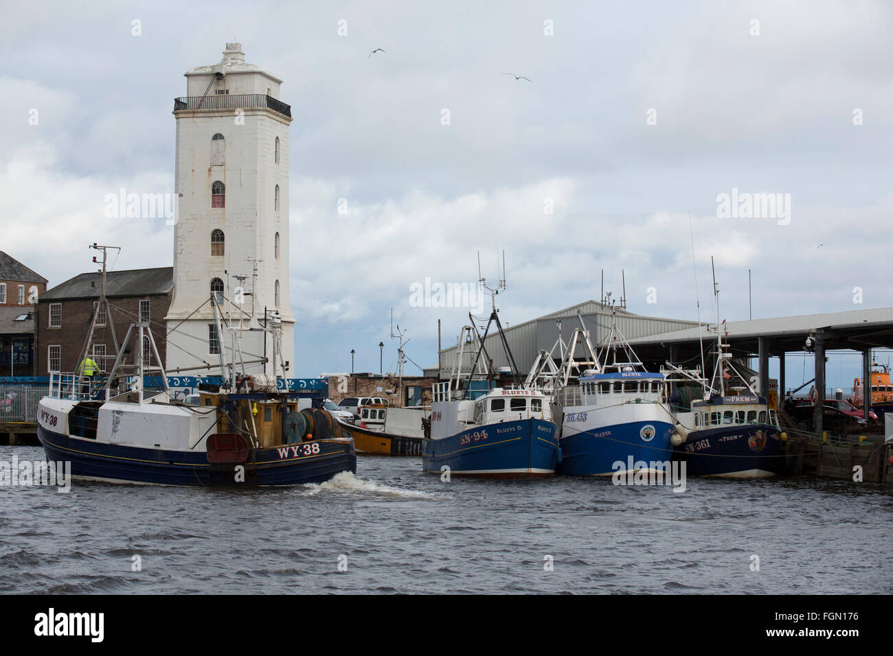 Fishing boats at the North Shields Fish Quay in northeast England. The