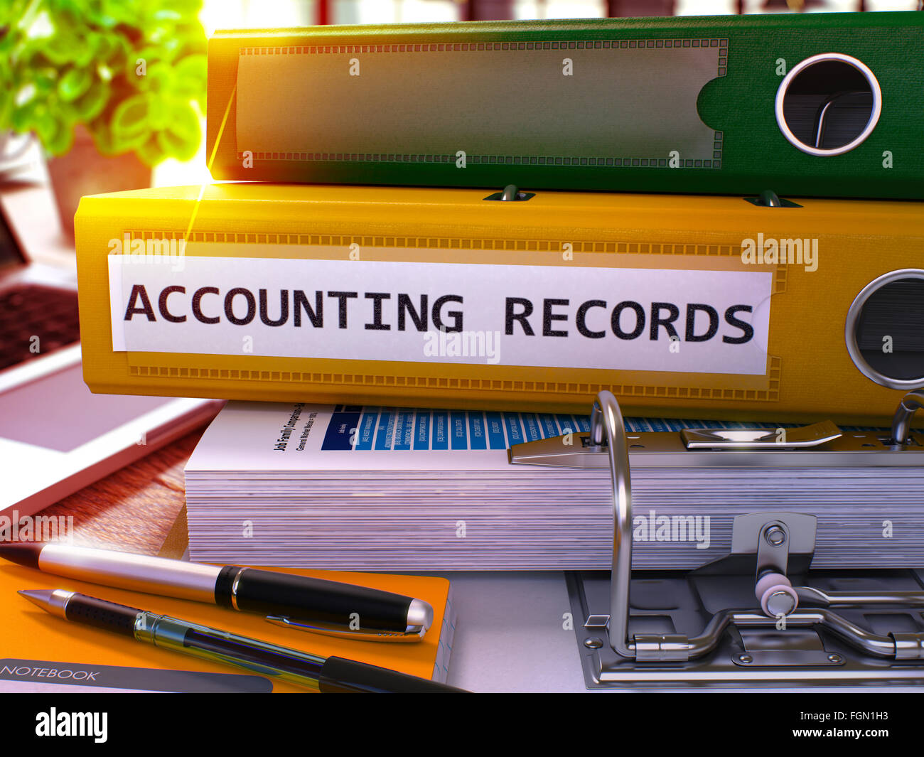 Accounting Records on Yellow Ring Binder. Blurred, Toned Image Stock
