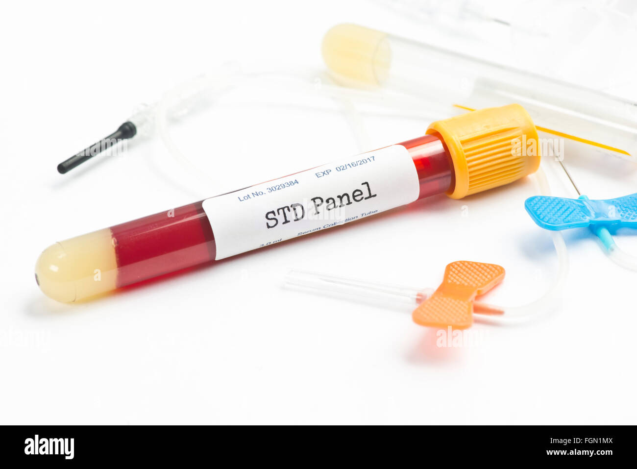 STD blood analysis collection tube with virology lab request.  Labels and document are fictitious and created by the photographe Stock Photo