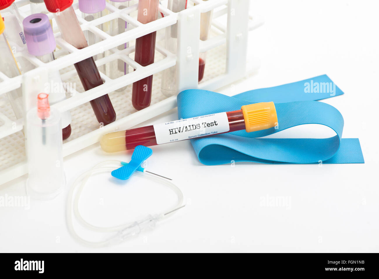 HIV blood analysis collection tube with tube rack.  Labels and document are fictitious and created by the photographer. Stock Photo