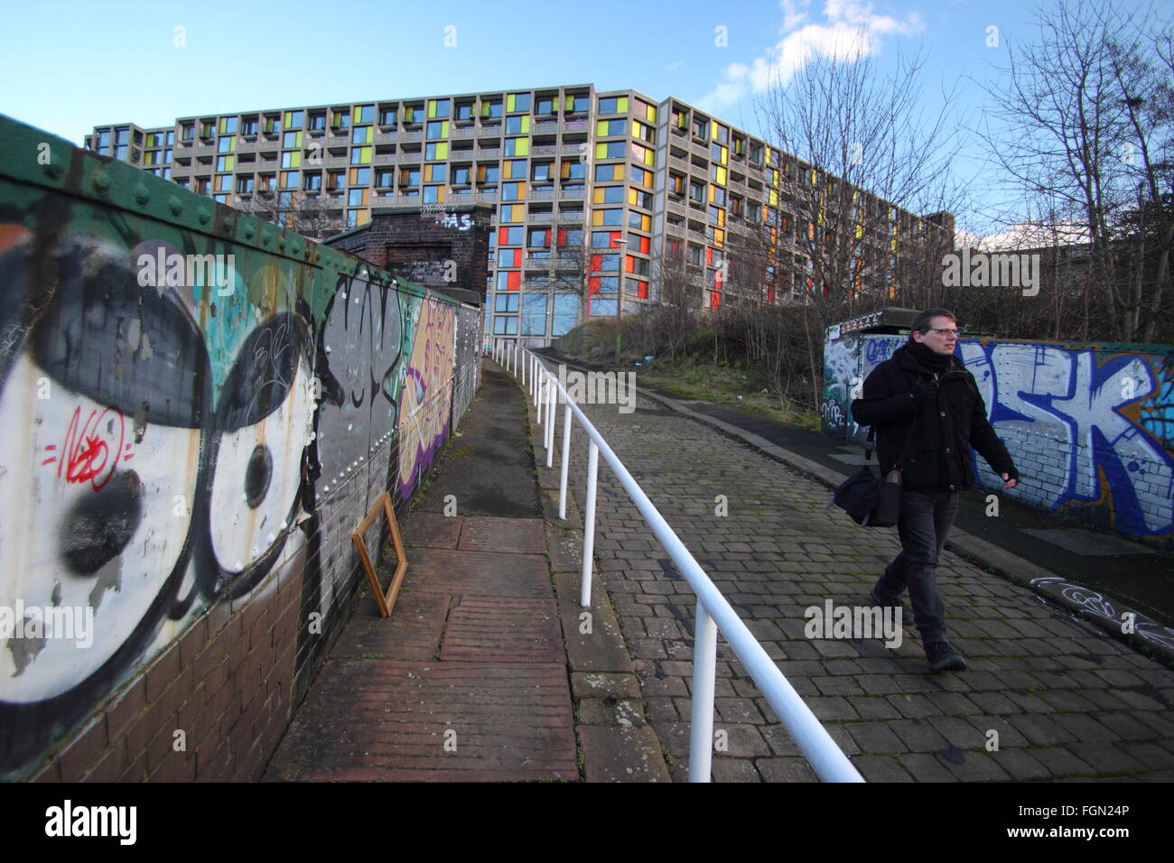 Regenerated flats on the Park Hill housing estate overlooking street