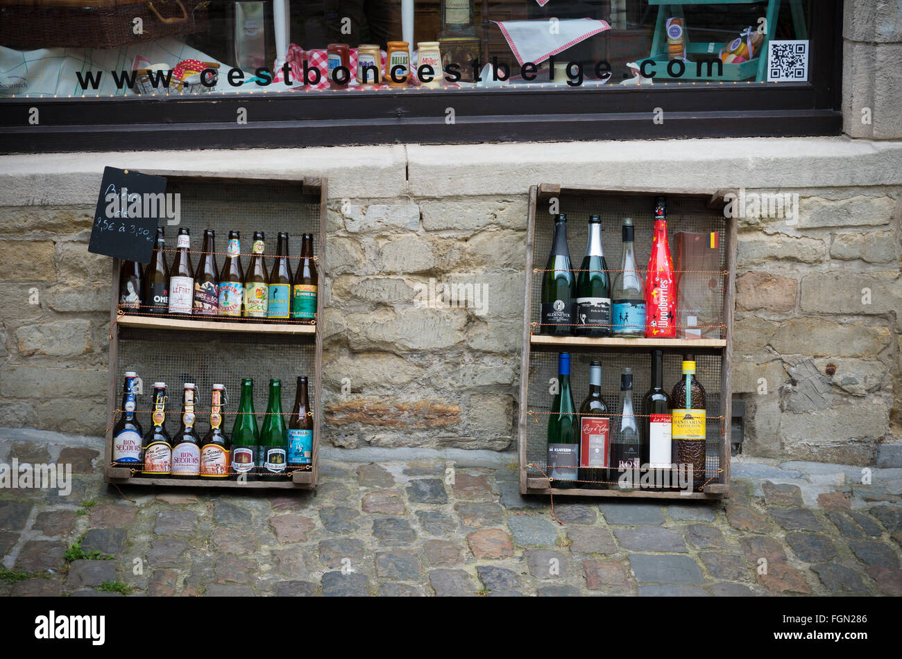 BRUSSELS, BELGIUM - JULY 12, 2015: Various Belgian beers in front of a touristic beer shop. In Belgium there are about 130 brewe Stock Photo