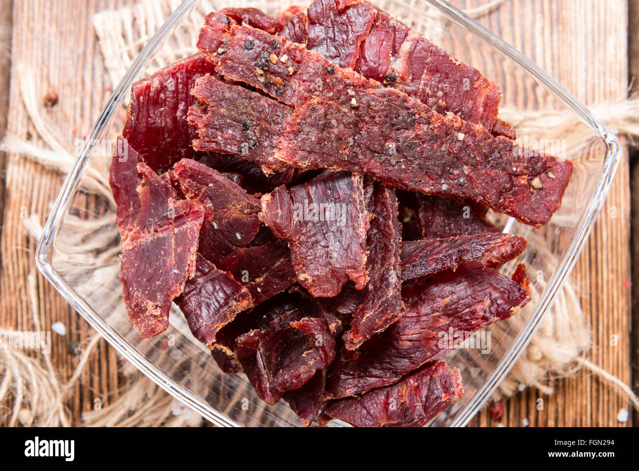 Spicy Beef Jerky On Vintage Wooden Background Close Up Shot Stock