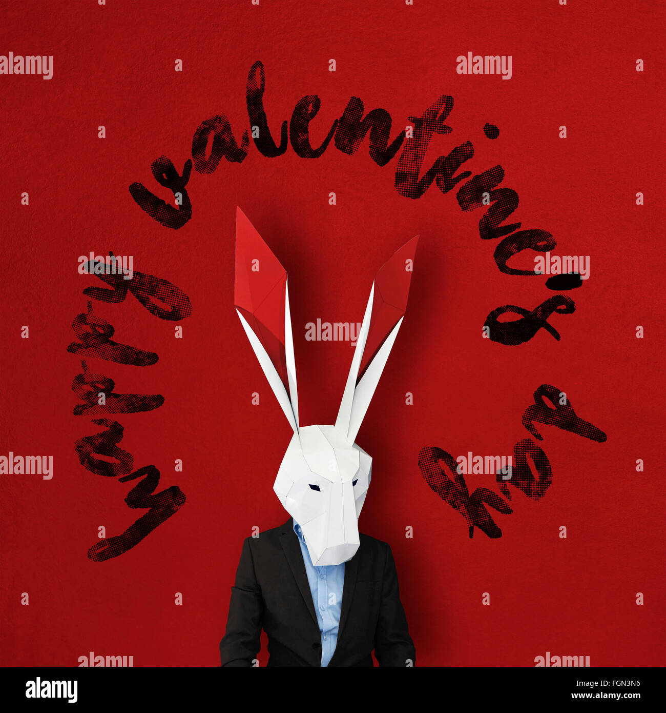 Happy valentines day with man in rabbit mask against red background ...