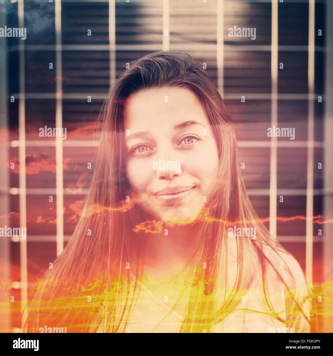 Close Up Portrait of Young Woman with Double Exposure Effect. Combined ...