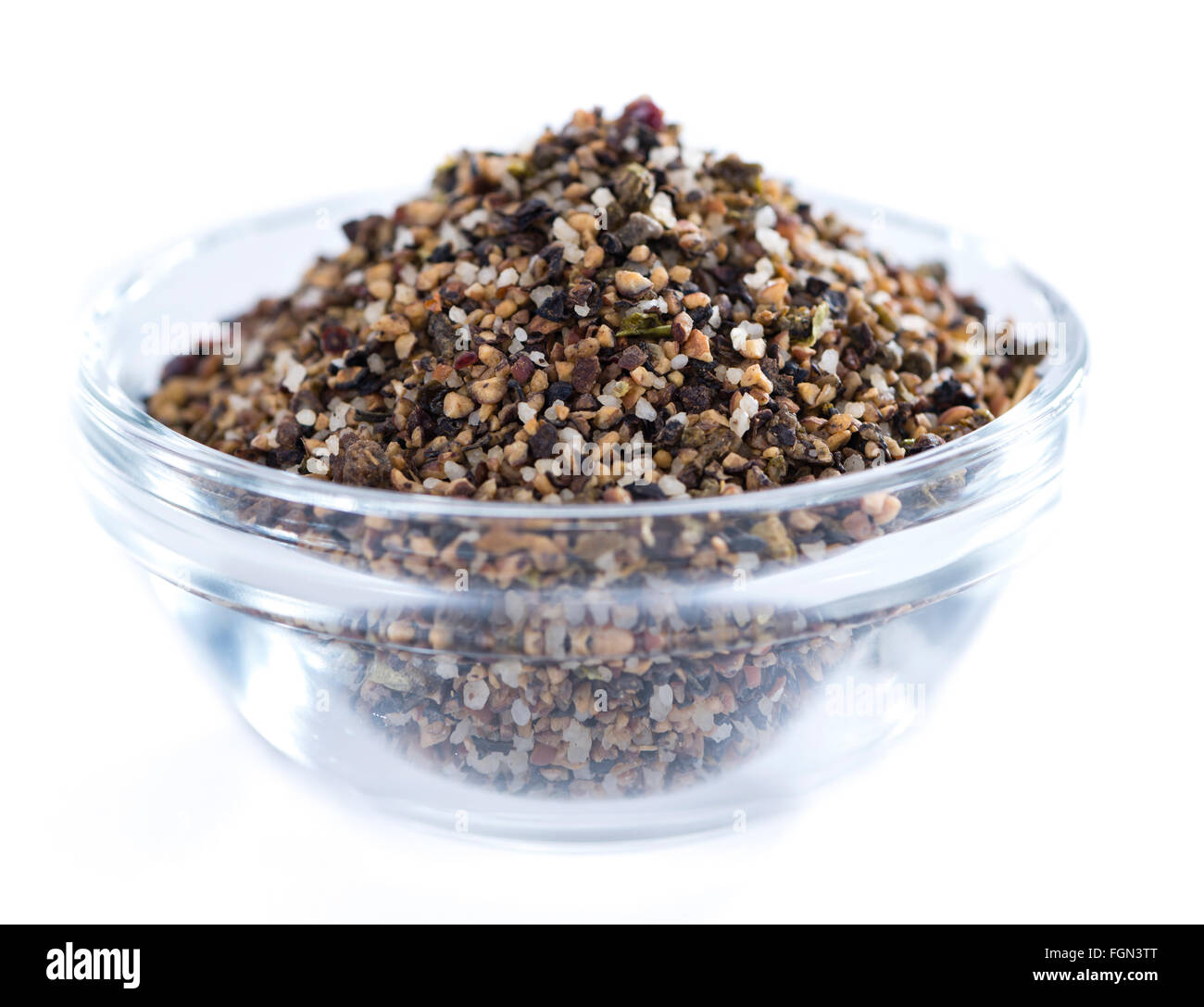 Crushed Peppercorns with different spices and salt isolated on white