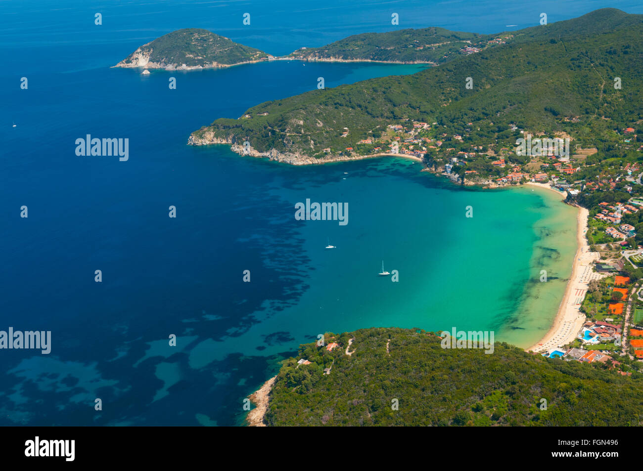 Italy, Tuscany, Elba island, Biodola  (aerial view) // Italie, Toscane, Ile d'Elbe, Biodola  (vue aerienne) Stock Photo