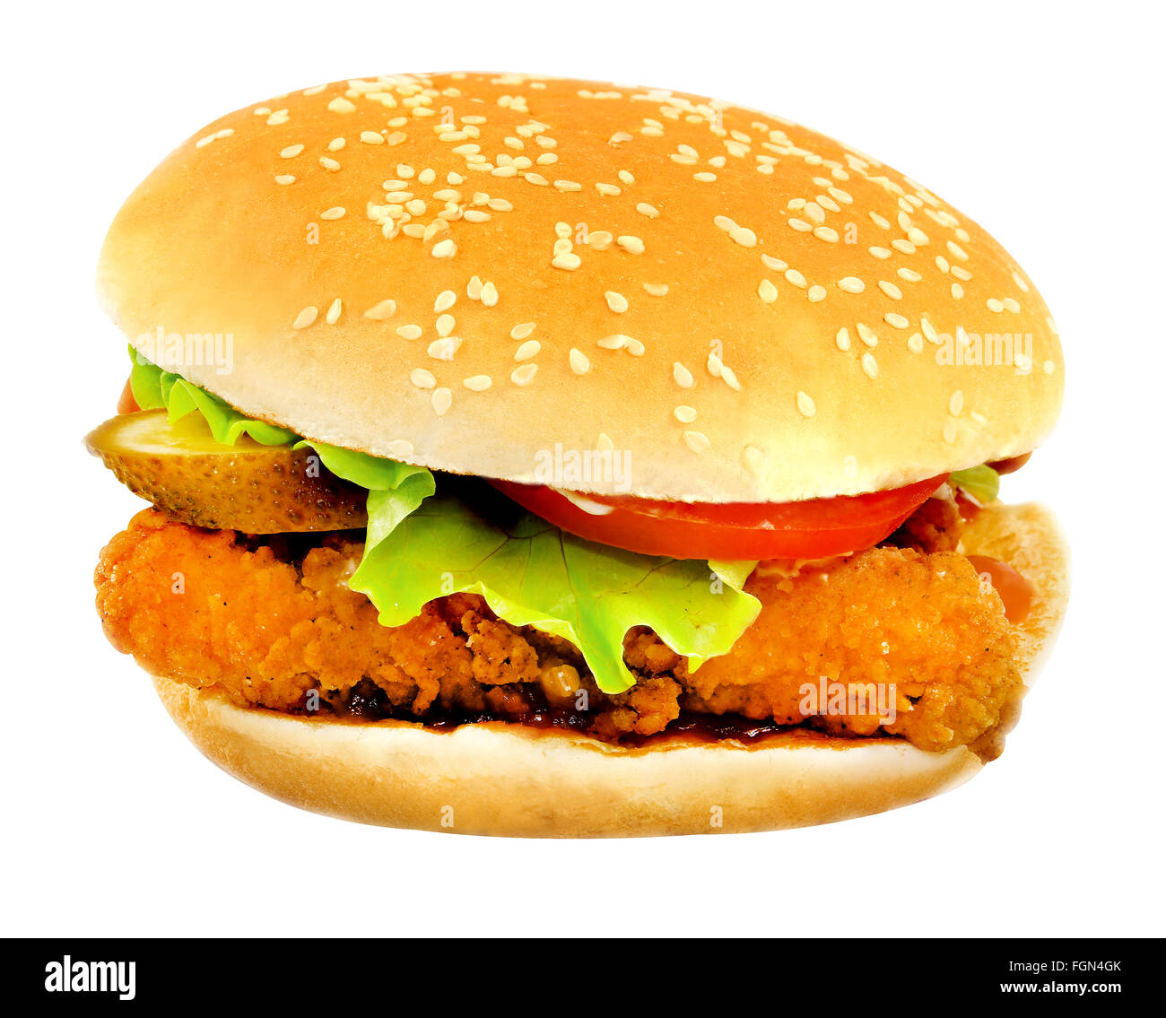 Big beautiful chicken burger on a white background Stock Photo