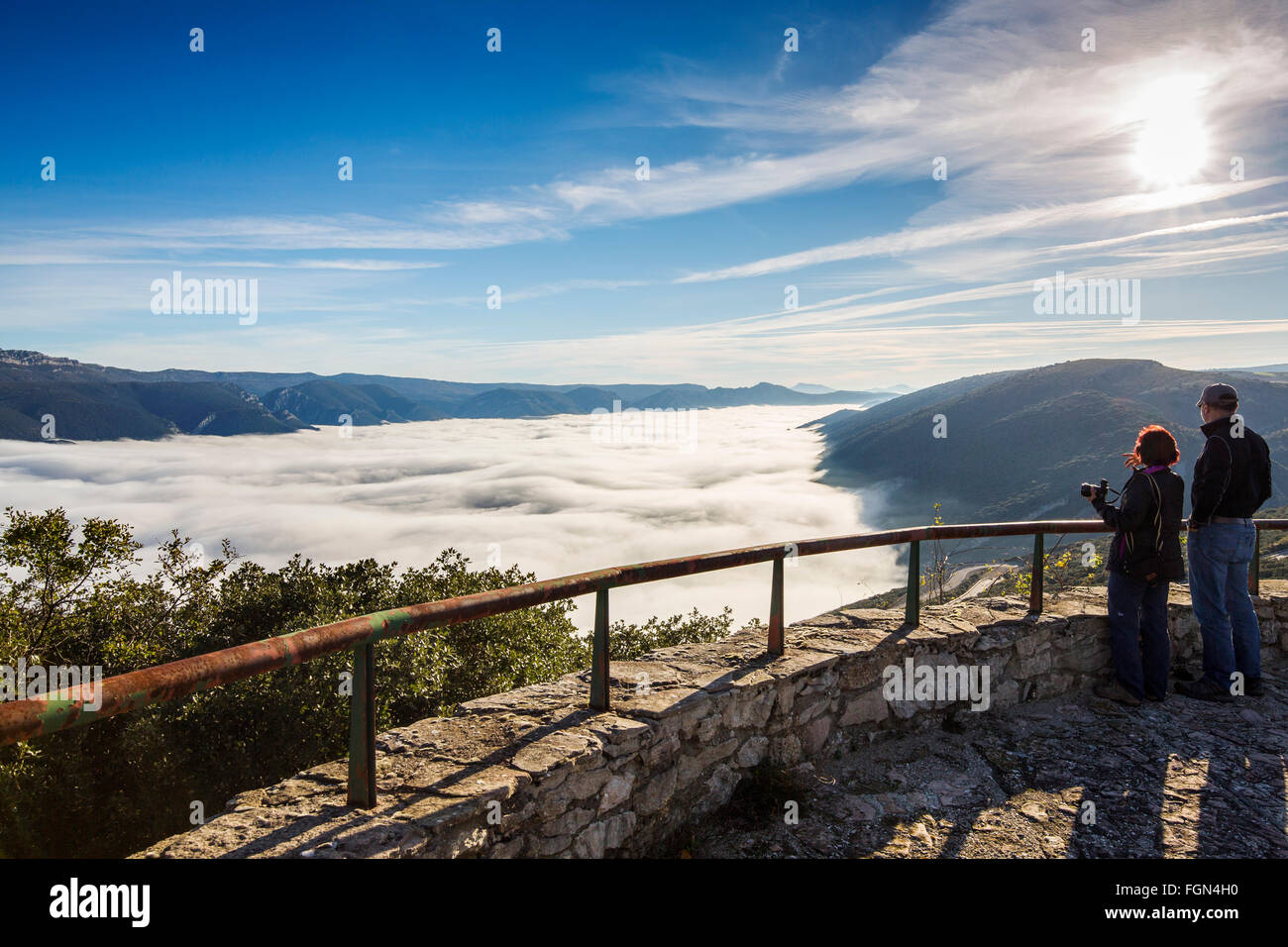 Landscape fog over Valdenoseda valley, Cantabrian Mountains Burgos, Castilla Leon. Spain Stock Photo