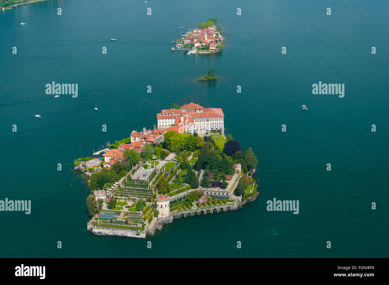 Italy, Piedmont, Maggiore lake, Isola Bella and Isola Superiore islands (aerial view)  //  Italie, Piedmont, lac Majeur, iles Is Stock Photo