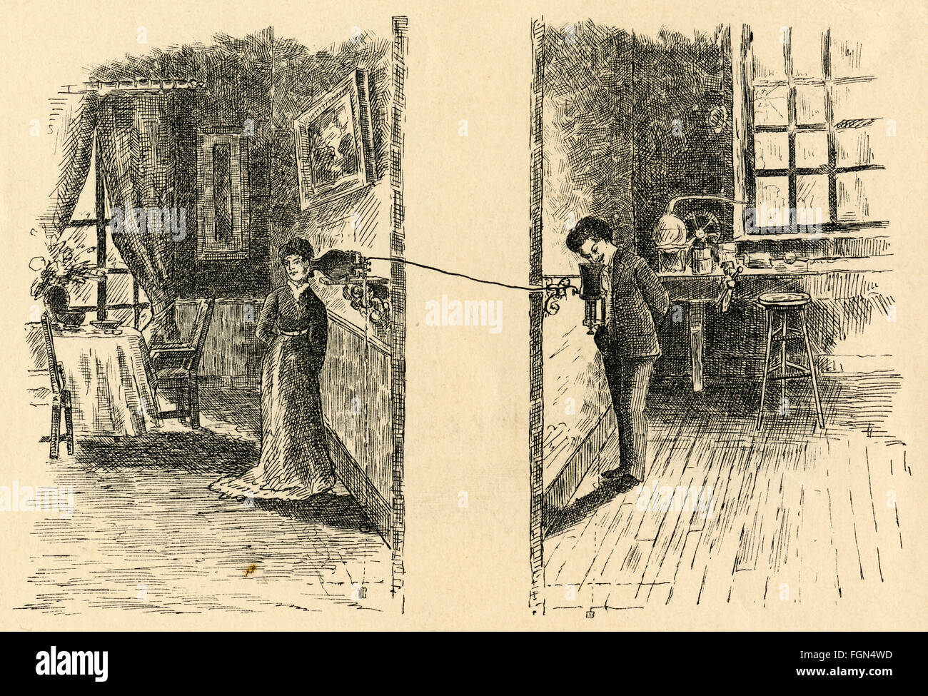 Antique circa 1895 engraving, illustration of a U.S. Patent Electrical Contact Telephone in 1876. Stock Photo