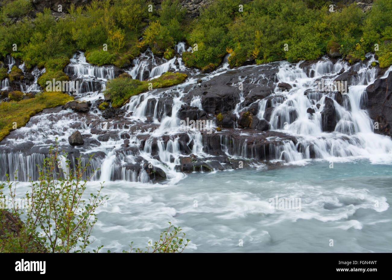Iceland Hraunfossar Lava Falls in Reykholt Valley in West Iceland many falls along cliff from glacier Langjokull Stock Photo