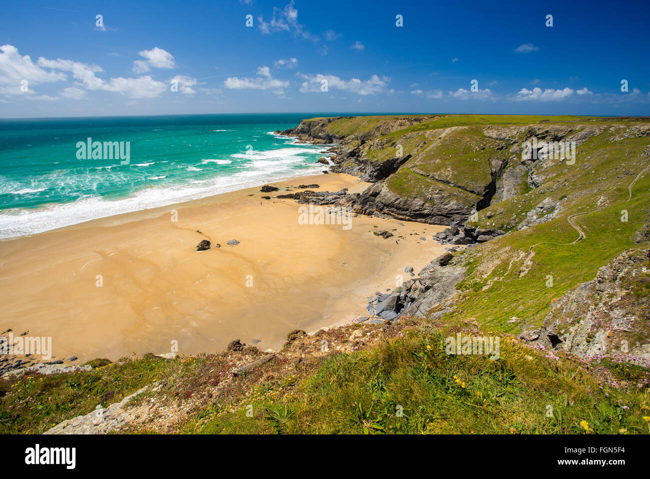 Overlooking Pentire Steps Beach on the North Coast of Cornwall England UK Europe Stock Photo