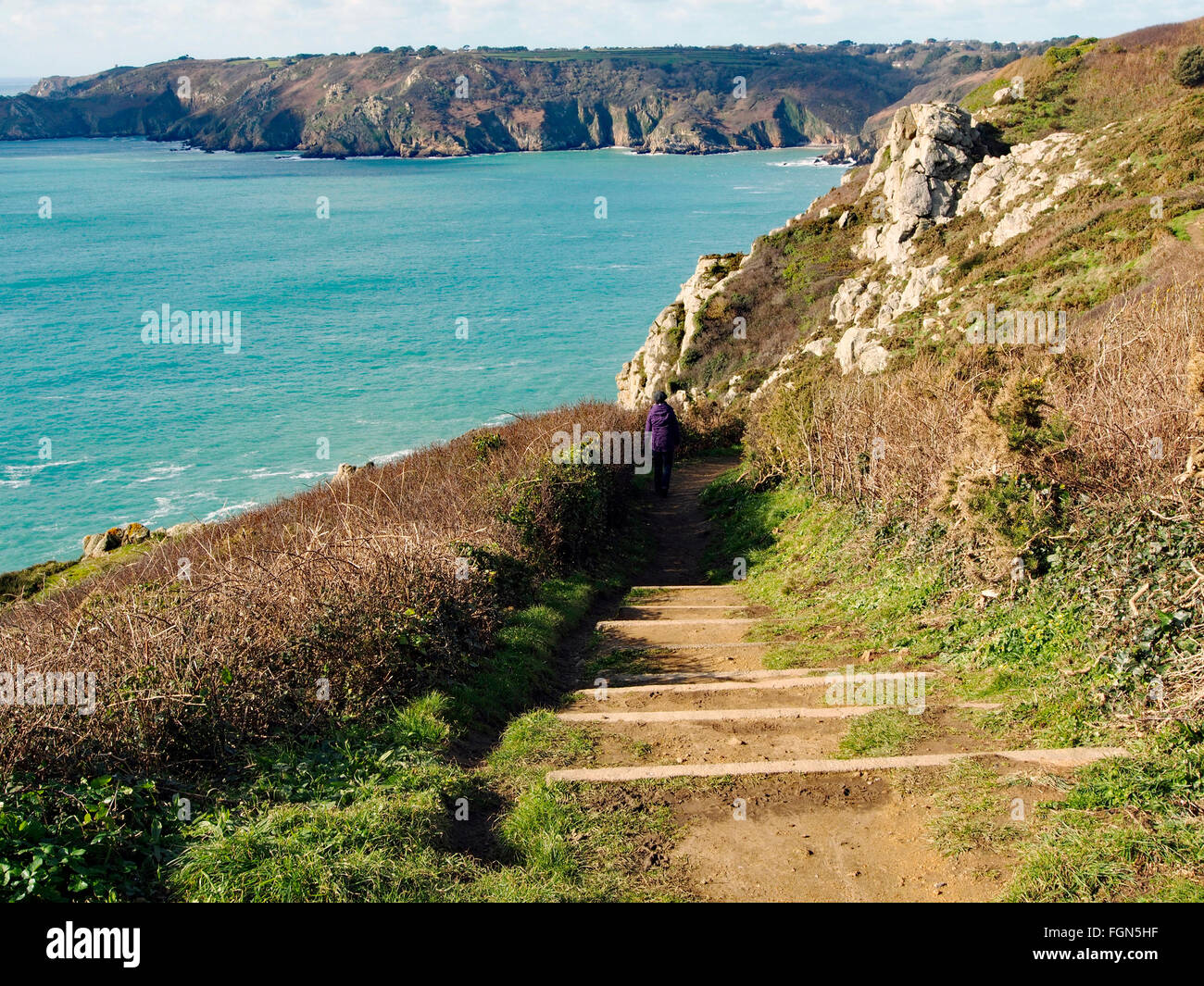 Walker on the cliff path above Le Jaonnet between Icart Point and Le Petit Bot, Guernsey in early spring. Stock Photo