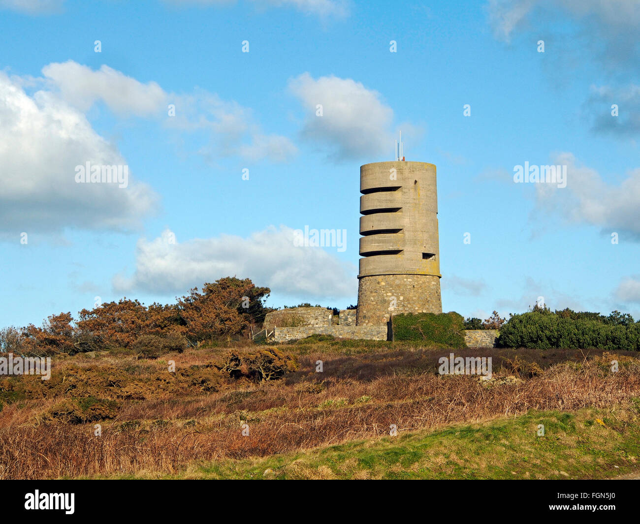 Saumarez observation tower, Guernsey. A relic of the WW2 German occupation on the Atlantic coast near Cobo. Stock Photo