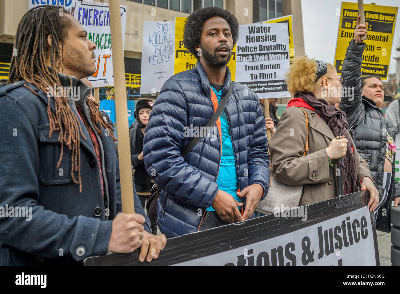New York, United States. 21st Feb, 2016. Mike from NYC Shut It Down speaking at NYC Solidarity Rally for Flint Credit:  Erik Mc Gregor/Pacific Press/Alamy Live News Stock Photo