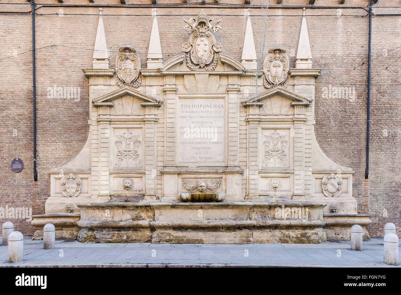 Monumental stone fountain in the old town of Bologna, Italy, called