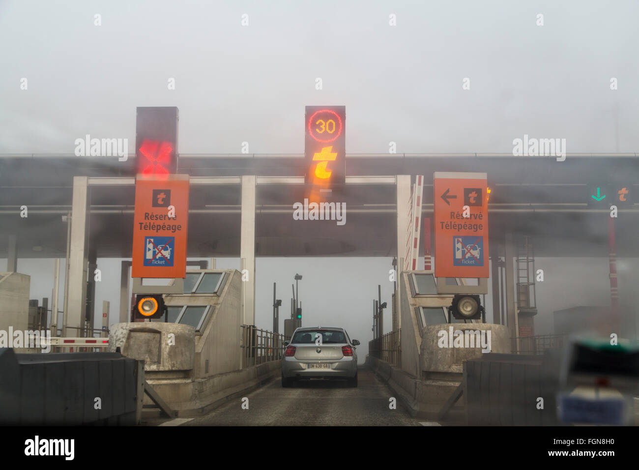 Fog Highway Toll Payment Gate, Bordeaux Gironde Aquitaine France Stock Photo