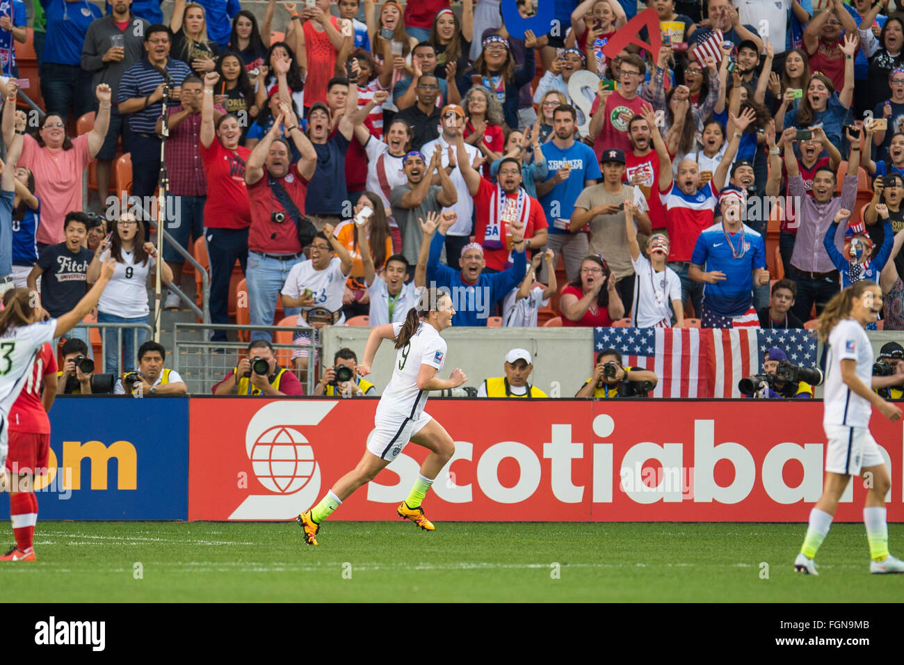 Houston, TX, USA. 21st Feb, 2016. United States midfielder Lindsey Horan (9) celebrates her goal during the Final match of the CONCACAF Olympic Qualifying tournament between Canada and the USA at BBVA Compass Stadium in Houston, TX. USA won 2-0.Trask Smith/CSM/Alamy Live News Stock Photo