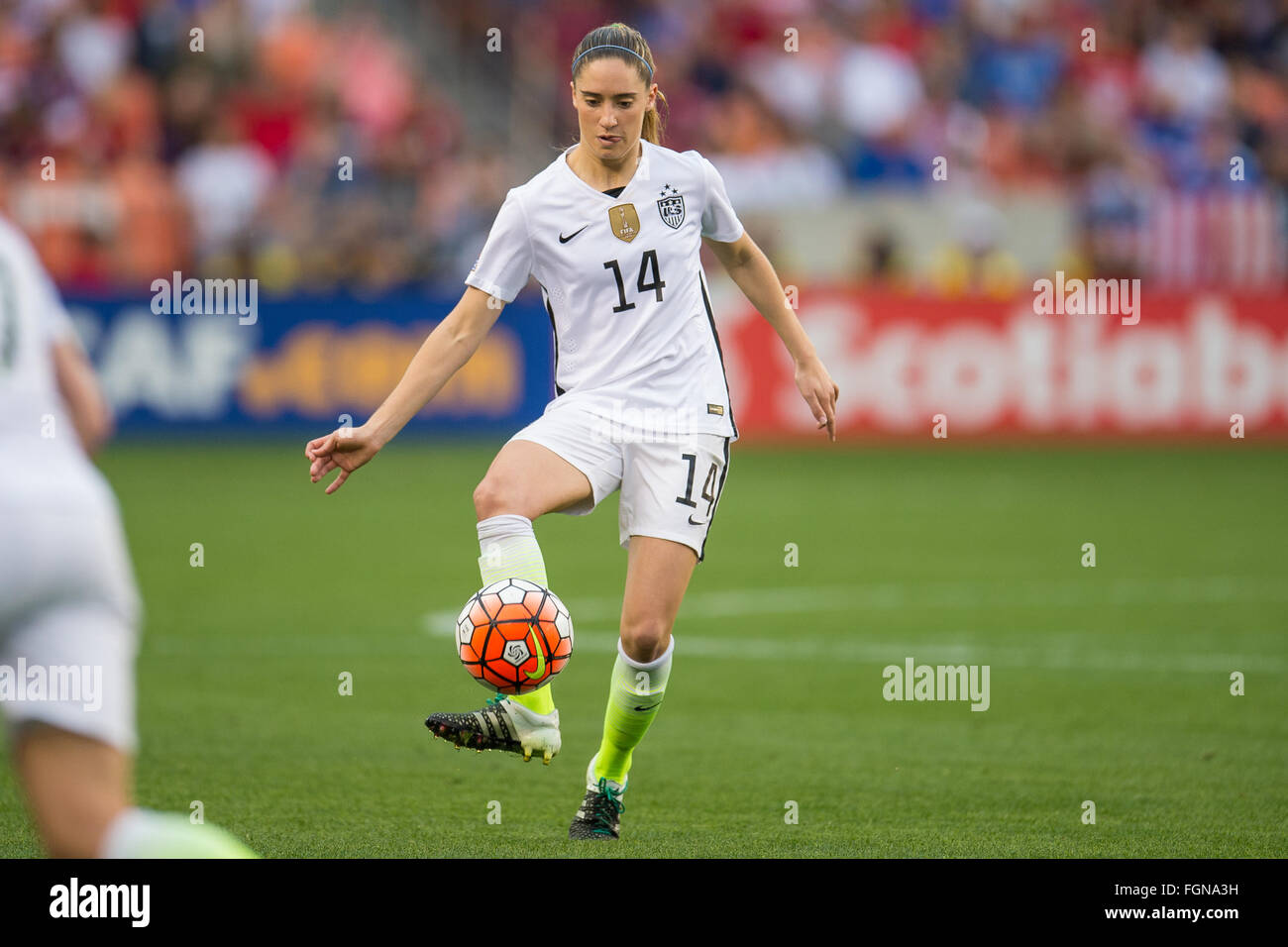 Houston, TX, USA. 21st Feb, 2016. United States midfielder Morgan Brian (14) controls the ball during the Final match of the CONCACAF Olympic Qualifying tournament between Canada and the USA at BBVA Compass Stadium in Houston, TX. USA won 2-0.Trask Smith/CSM/Alamy Live News Stock Photo