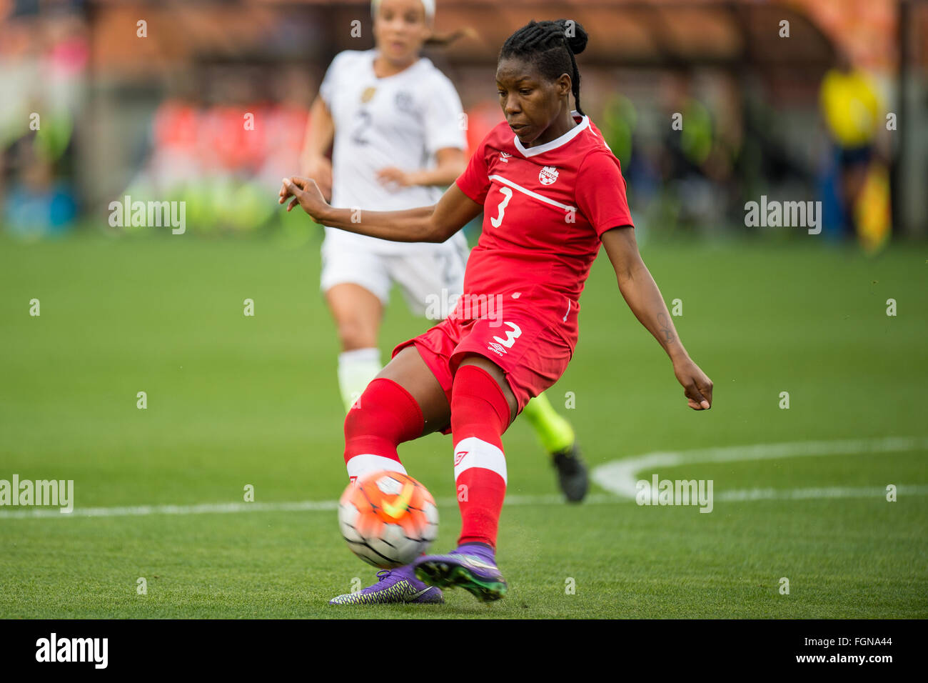Houston, TX, USA. 21st Feb, 2016. Canada defender Kadeisha Buchanan (3) passes the ball during the Final match of the CONCACAF Olympic Qualifying tournament between Canada and the USA at BBVA Compass Stadium in Houston, TX. USA won 2-0.Trask Smith/CSM/Alamy Live News Stock Photo