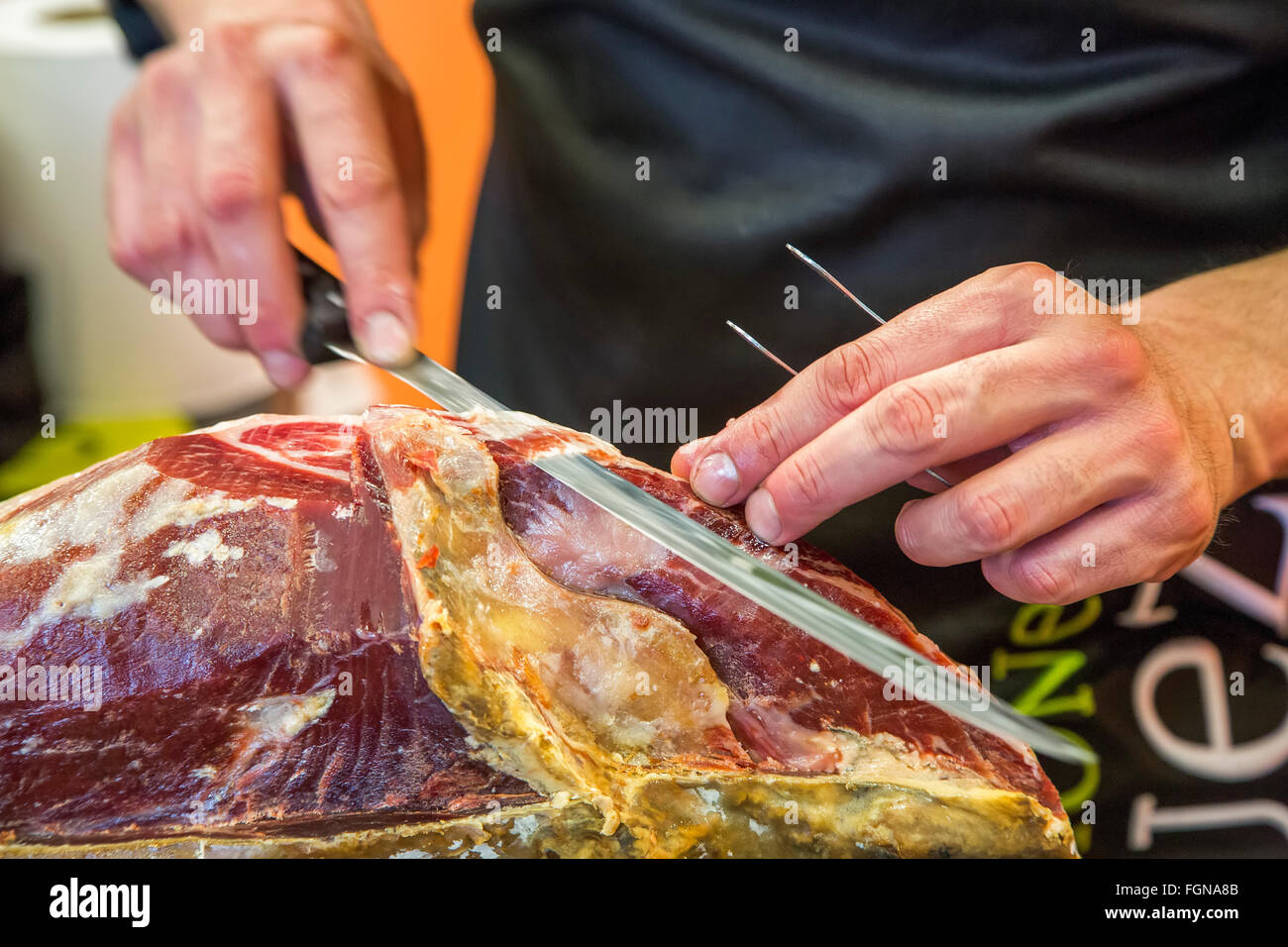 Professional Iberian ham cutter Jamon Iberico de Bellota Spain Stock Photo