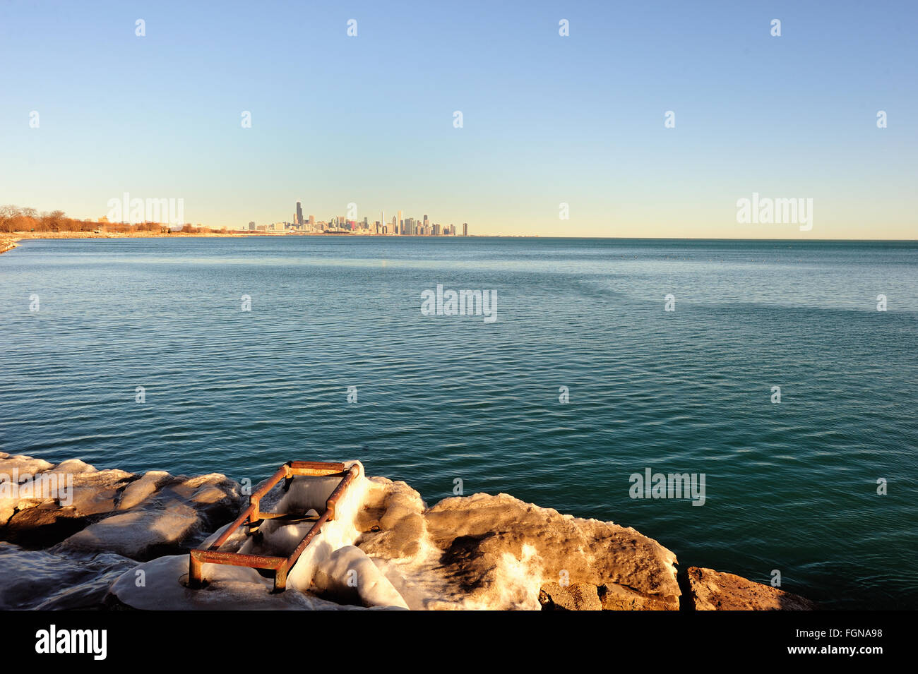 The Chicago skyline beyond the open waters of Lake Michigan as seen from a distance of about eight miles away. Chicago, Illinois, USA. Stock Photo