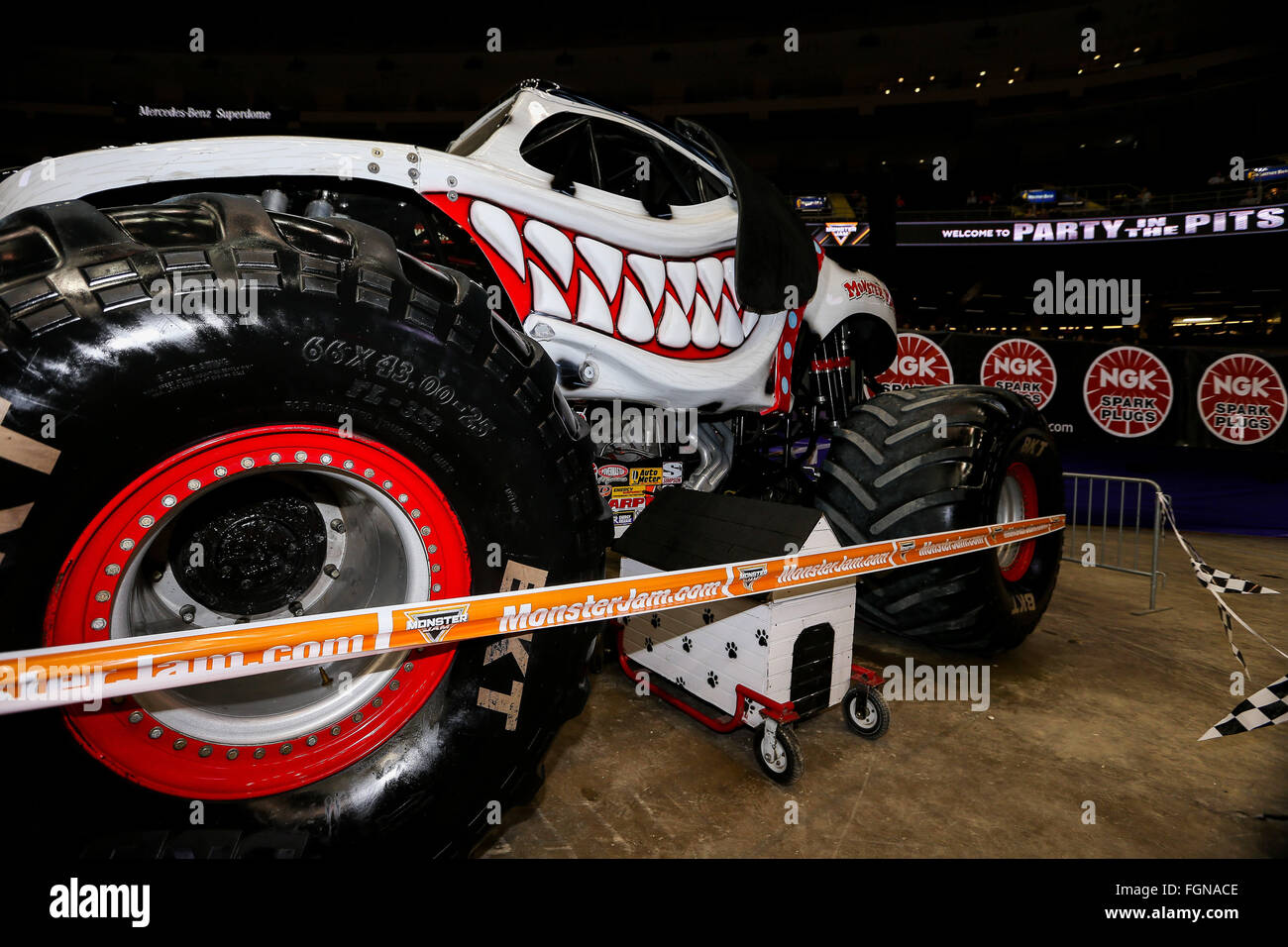 New Orleans, LA, USA. 20th Feb, 2016. Monster Mutt monster truck in action during Monster Jam at the Mercedes-Benz Superdome in New Orleans, LA. Stephen Lew/CSM/Alamy Live News Stock Photo