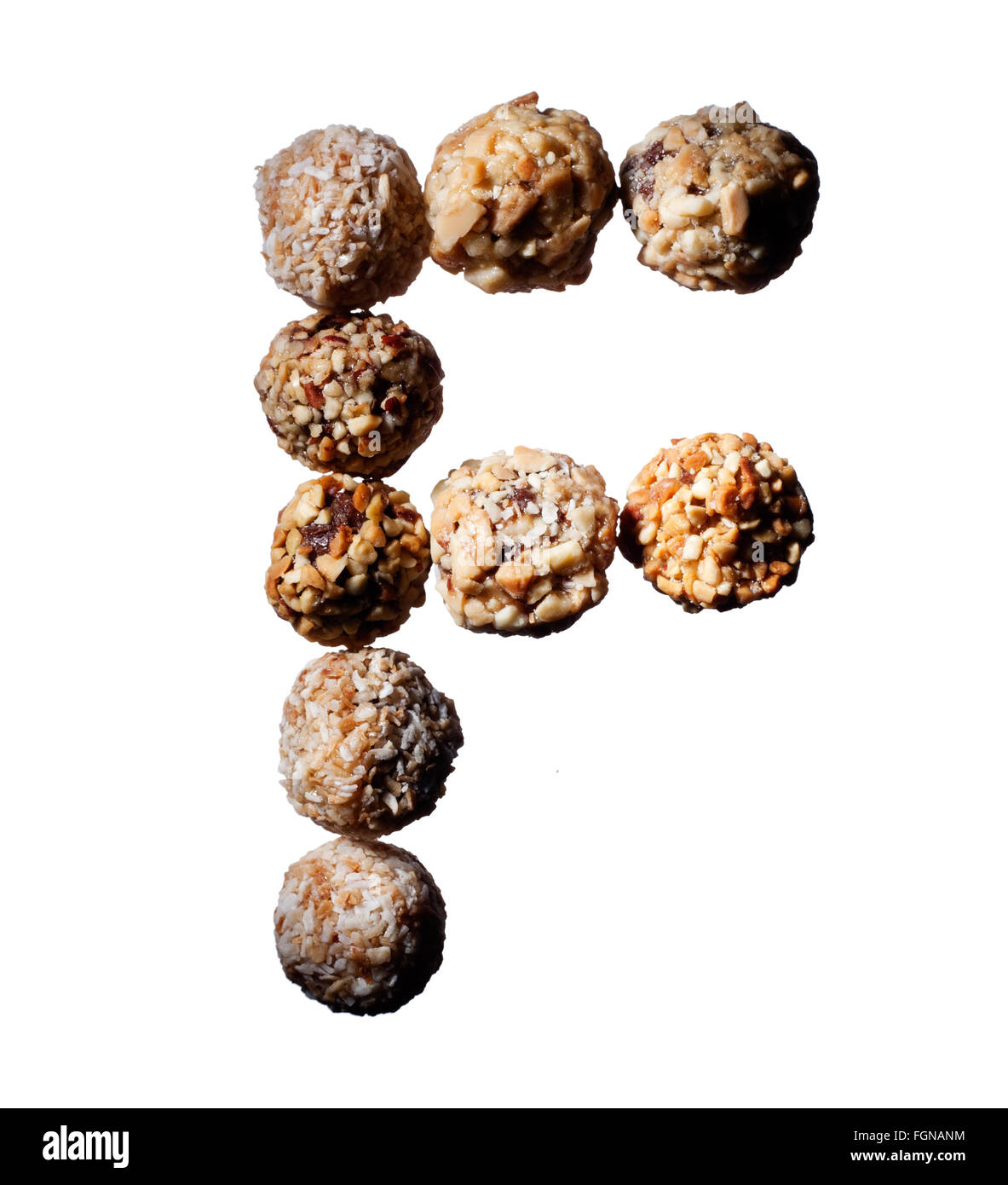The letter F made using protein snacks Stock Photo