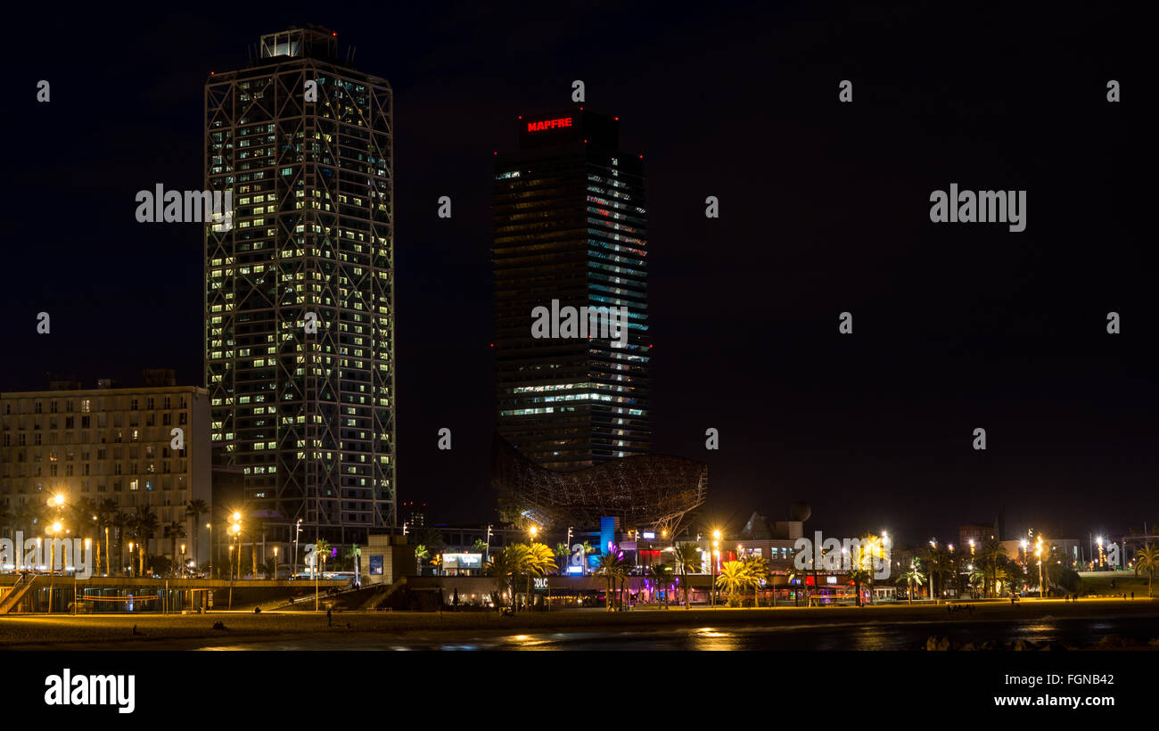 Night view of Hotel Arts and MAPFRE tower. Stock Photo