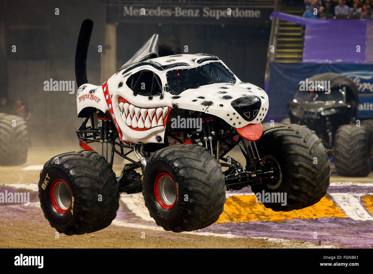 New Orleans, LA, USA. 20th Feb, 2016. Monster Mutt monster truck in action during Monster Jam at the Mercedes-Benz Superdome in New Orleans, LA. Stephen Lew/CSM/Alamy Live News Stock Photo