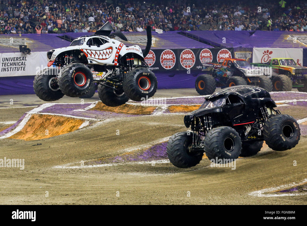 New Orleans, LA, USA. 20th Feb, 2016. Monster Mutt and Dooms Day monster truck in action during Monster Jam at the Mercedes-Benz Superdome in New Orleans, LA. Stephen Lew/CSM/Alamy Live News Stock Photo