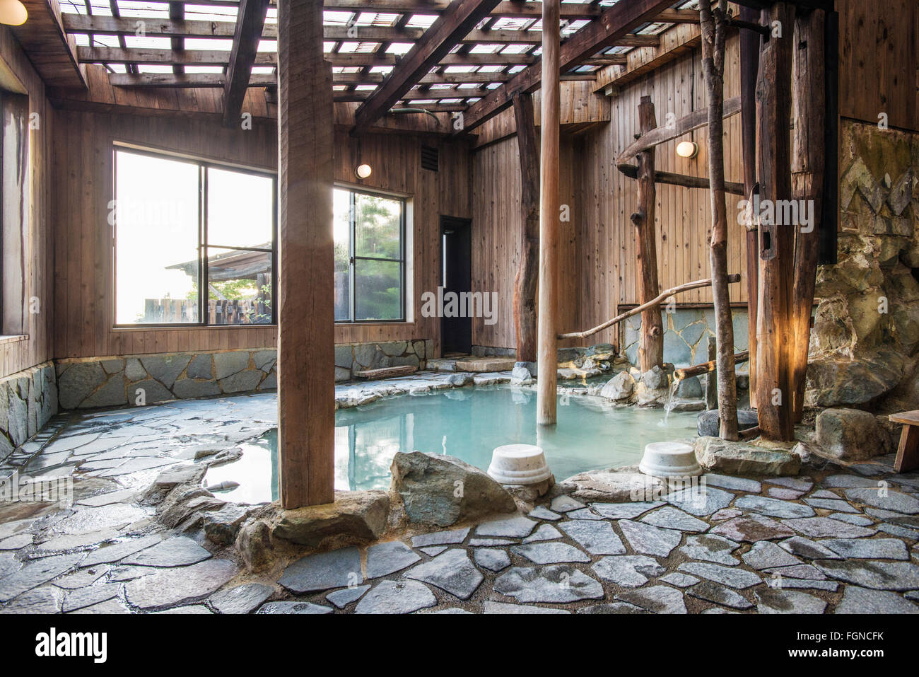 The private Japanese onsen baths at Manzansou in Nagano, Japan Stock