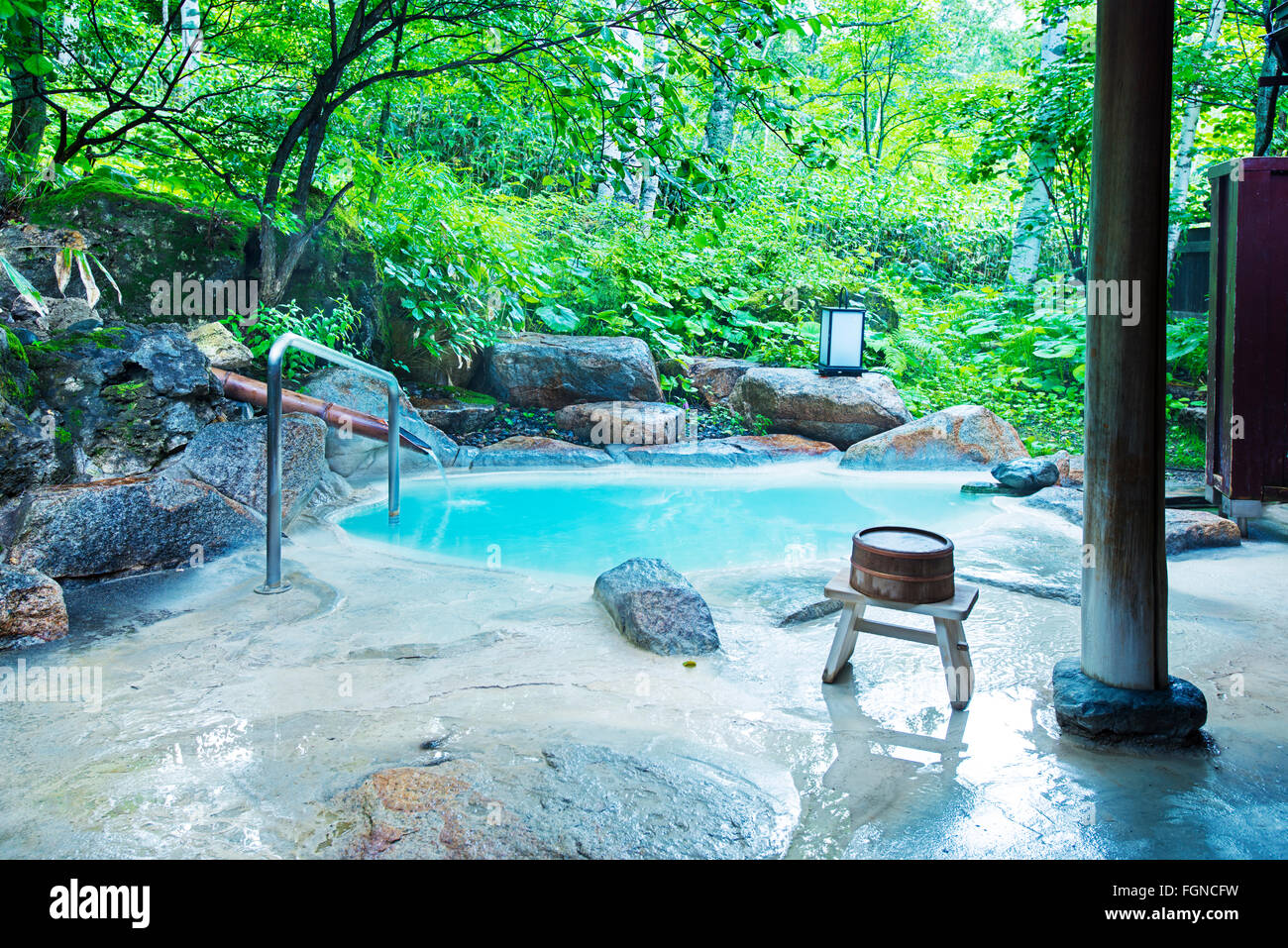 The private Japanese onsen baths at Sasaya Onsen in Shirahone, Nagano, Japan Stock Photo