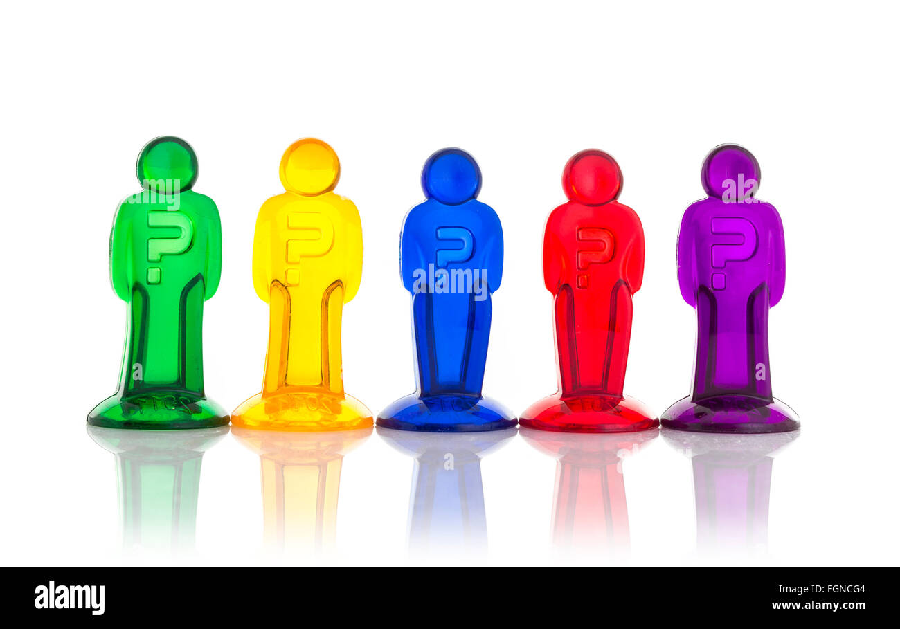 Row of Figures from the Game of Cluedo on a white background Stock Photo