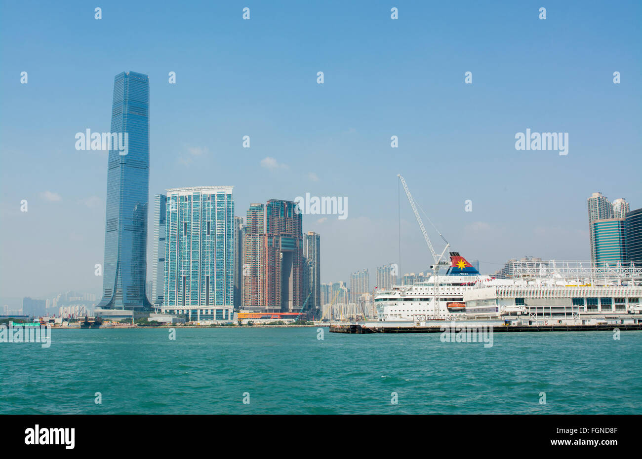 Hong Kong China  Kowloon new International Commerce Center in Kowloon the 9th Tallest Building in the world with crusie ship Stock Photo