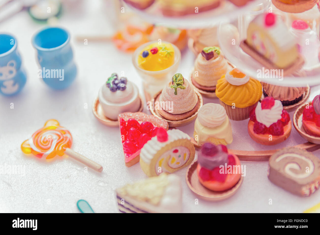 Bangkok,Thailand - October 29, 2015:Variety of miniature clay sweet and candy collection vintage.Re-ment toy japen.Soft Focus Stock Photo