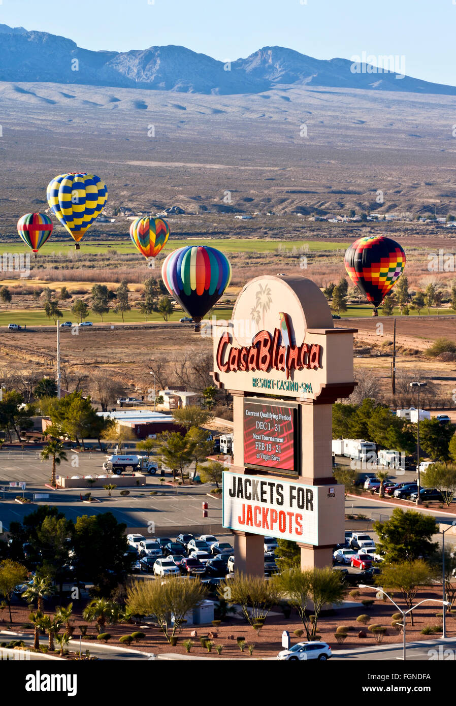 The Casablanca Resort Casino Hotel hosted the 2016 Mesquite Hot Air Balloon Festival in Mesquite Nevada Stock Photo