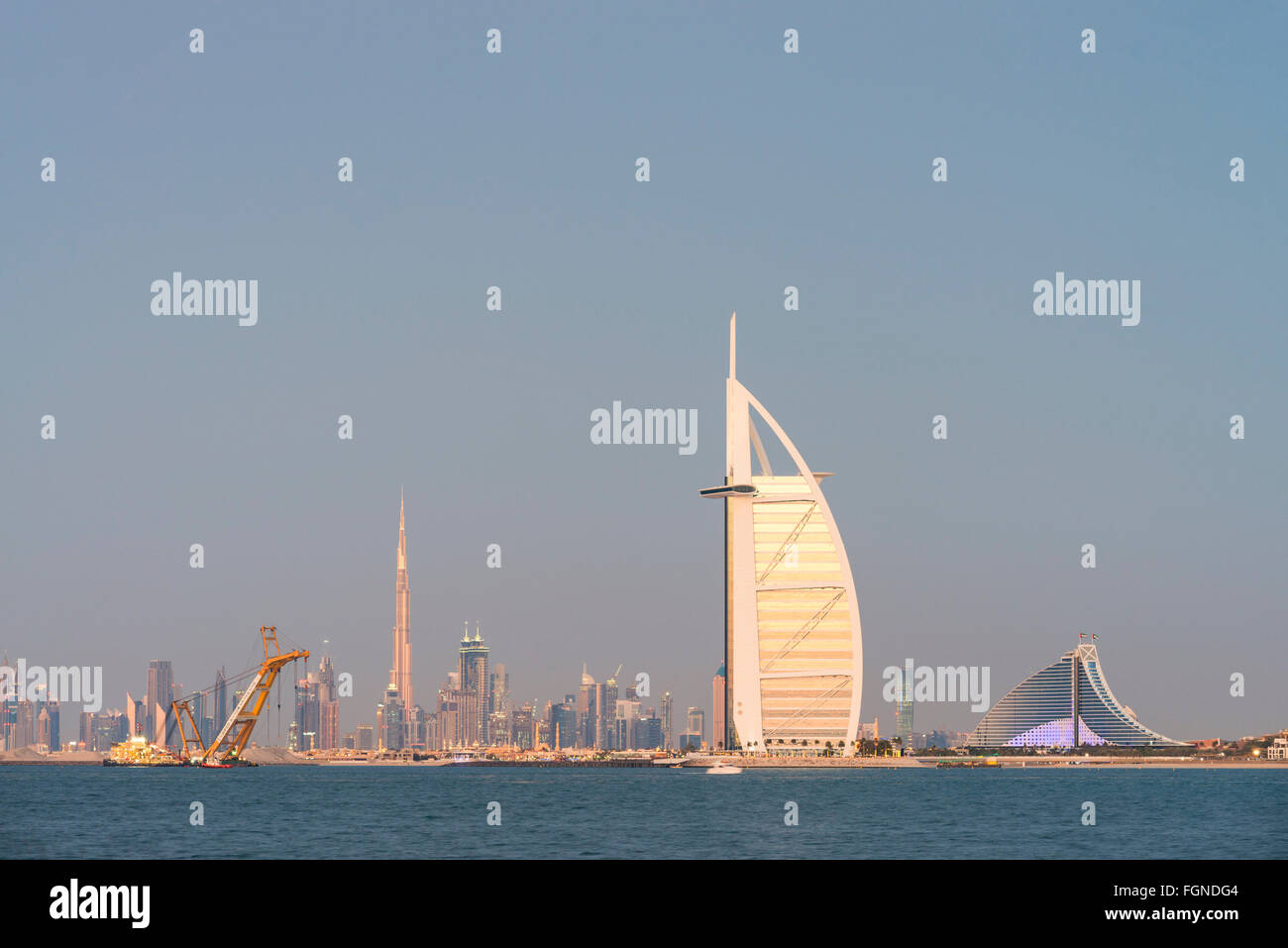 Skyline of Dubai waterfront with Burj al Arab Hotel in United Arab Emirates Stock Photo