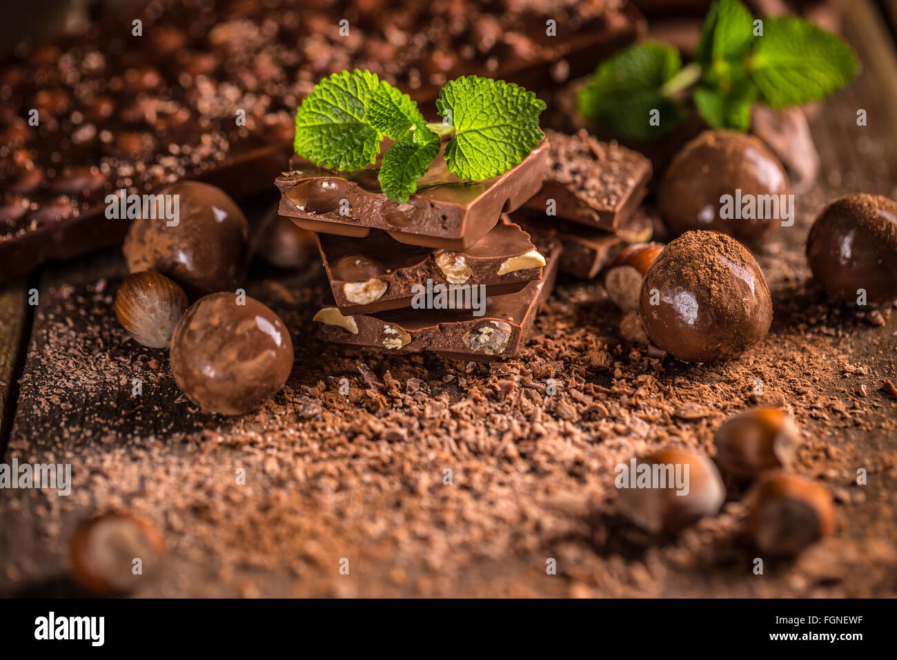 Still life of chocolate with nuts Stock Photo