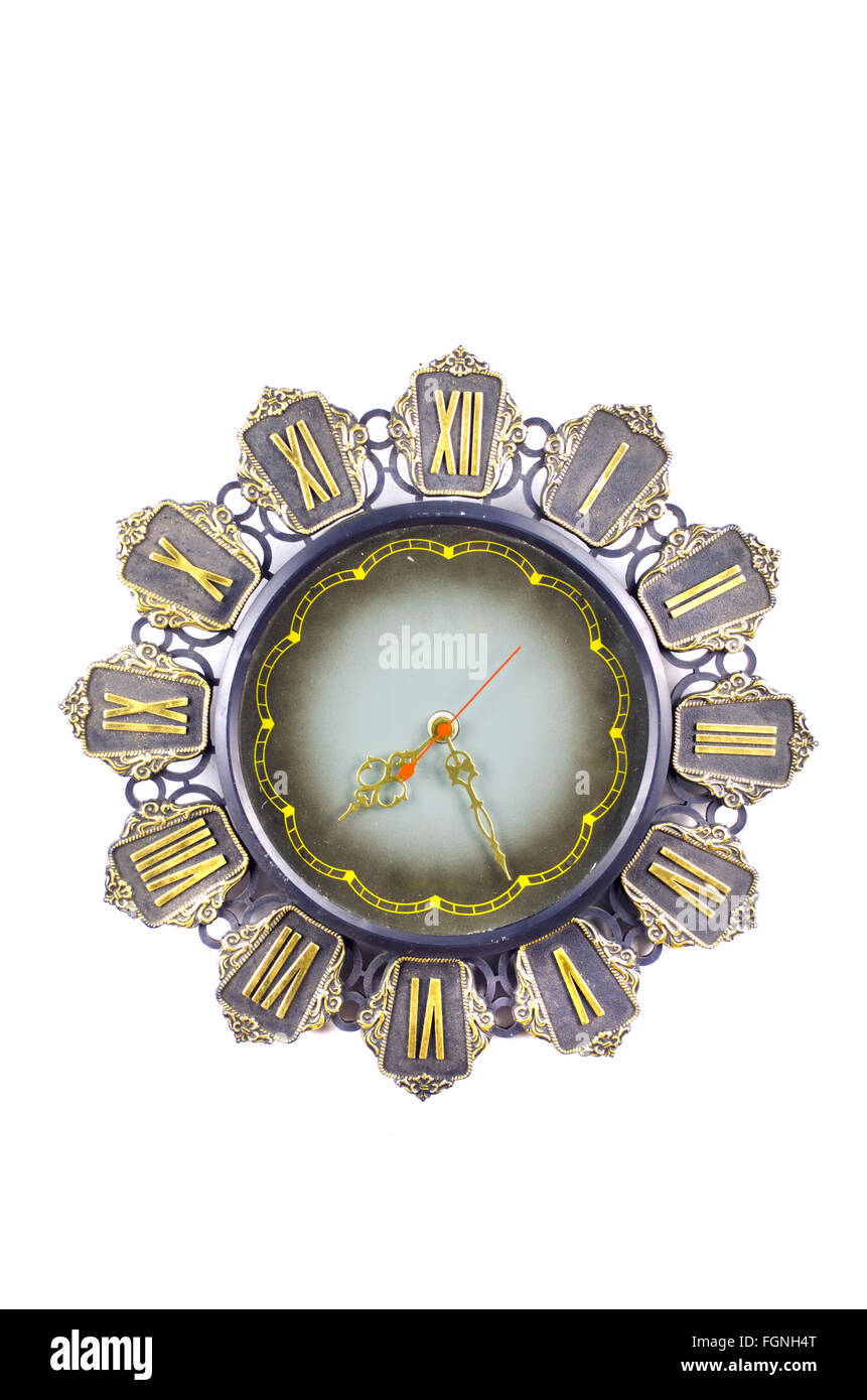 Antique ornate clock with roman numerals isolated on white background ...